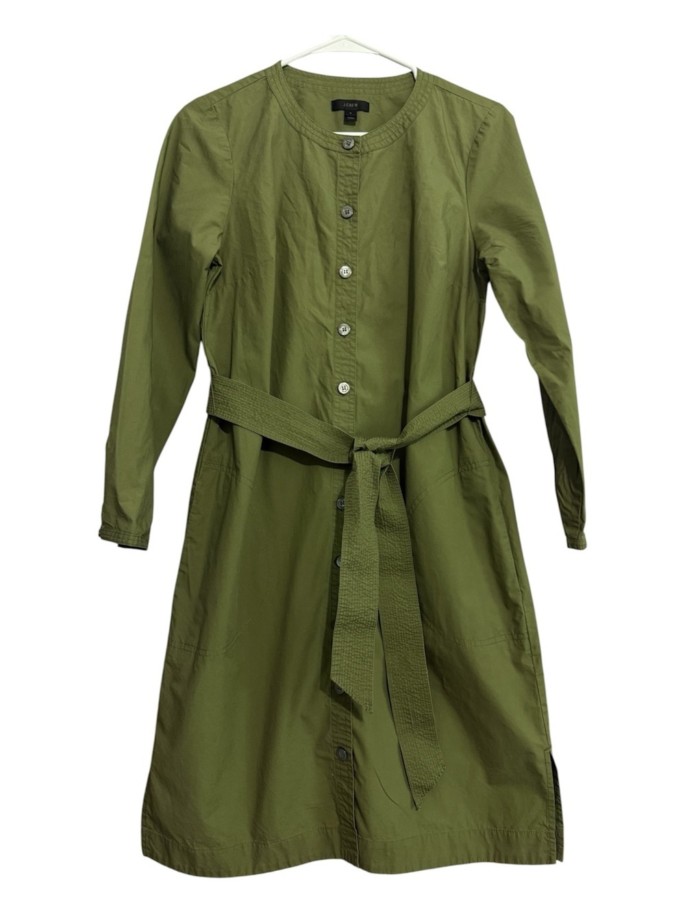 J. Crew Olive Button Front 100% Cotton Shirtdress with Belt Pockets Size Small